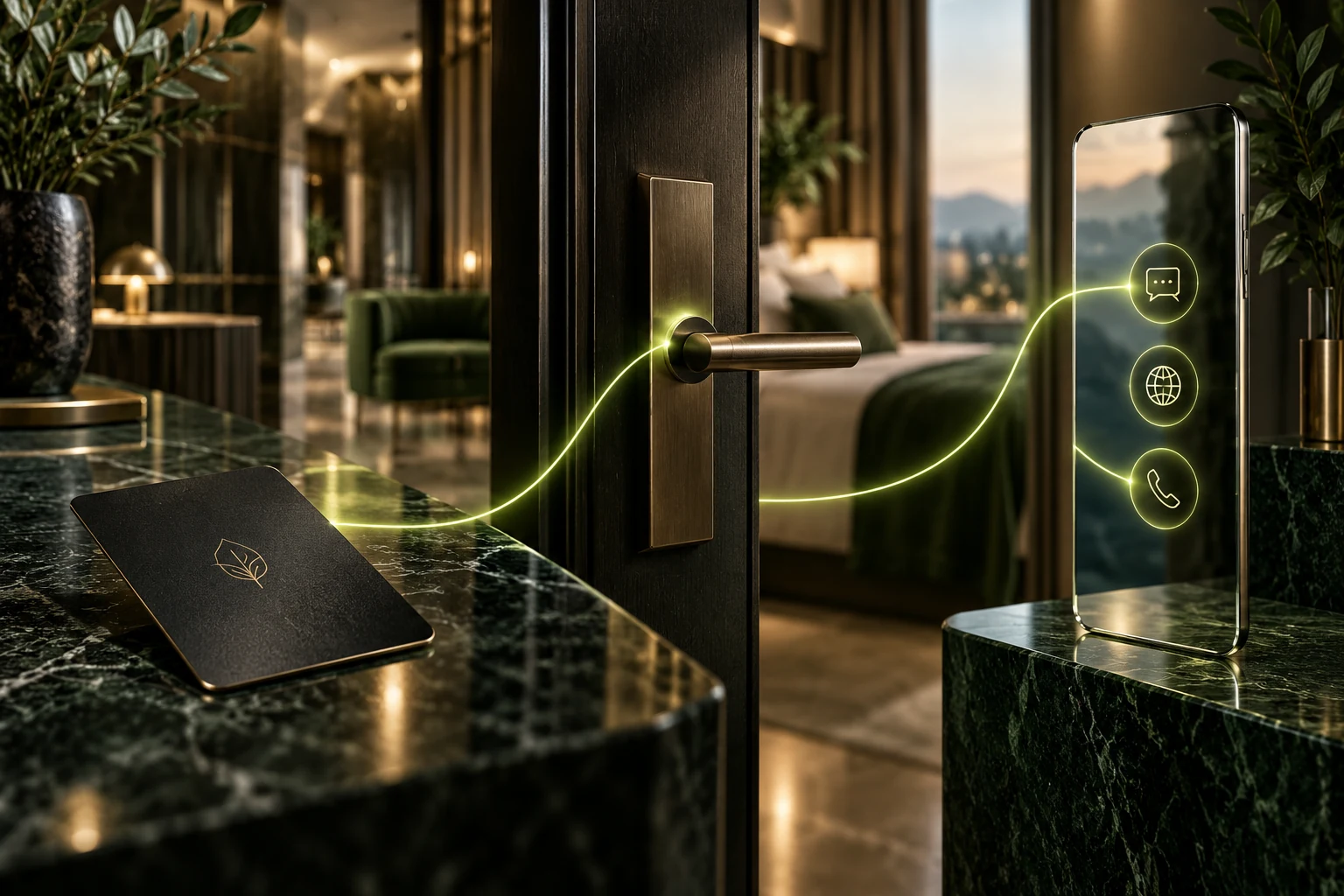 Hotelowy pokój, karta dostępu i portal w telefonie połączone limonkową linią