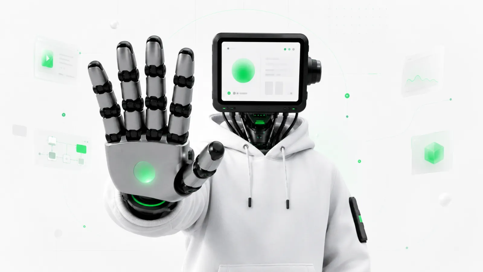 Android nextblock wita uniesioną dłonią, obraz asystenta AI rozmawiającego z klientami.