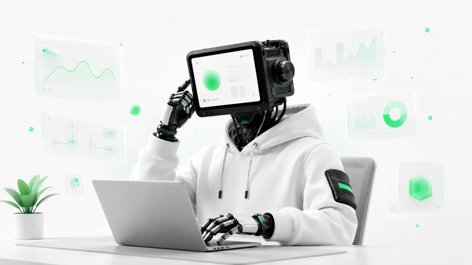 Android nextblock pracuje przy laptopie wśród paneli z danymi, obraz automatyzacji powtarzalnych zadań.