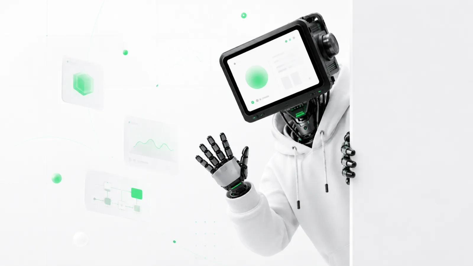 Android nextblock wychyla się zza panelu z danymi, obraz studia wdrożeń AI.