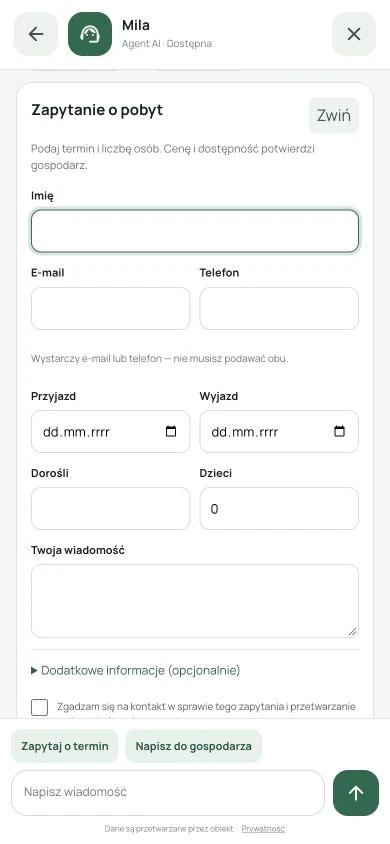 Zapytanie o termin pobytu w rozmowie z Milą