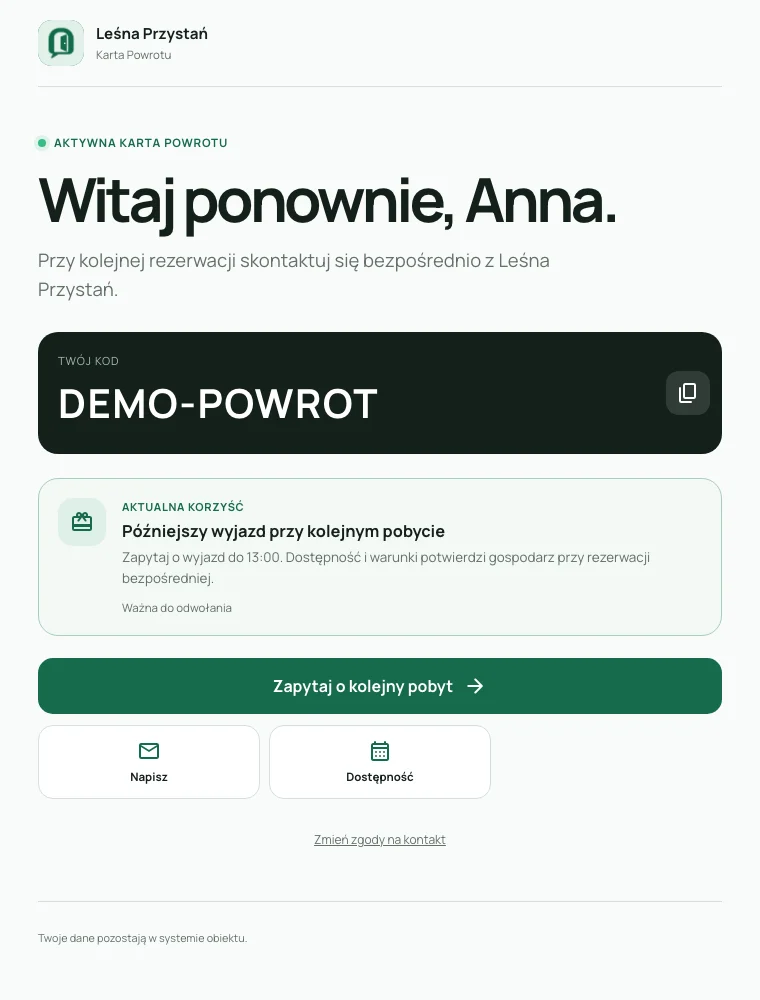 Karta Powrotu gościni Anny z kodem demonstracyjnym i zapytaniem o kolejny pobyt